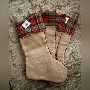 NWT - Set of 4 Burlap/Plaid Stockings - Hobby Lobby